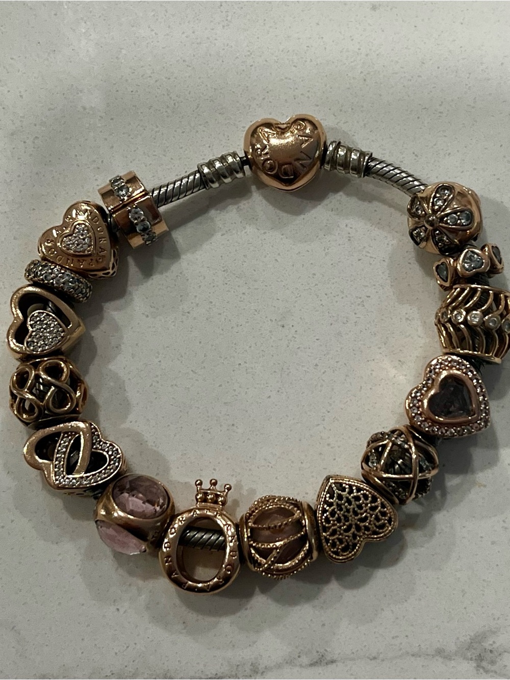 Pandora Rose Gold Heart Charm Bracelet with Charms